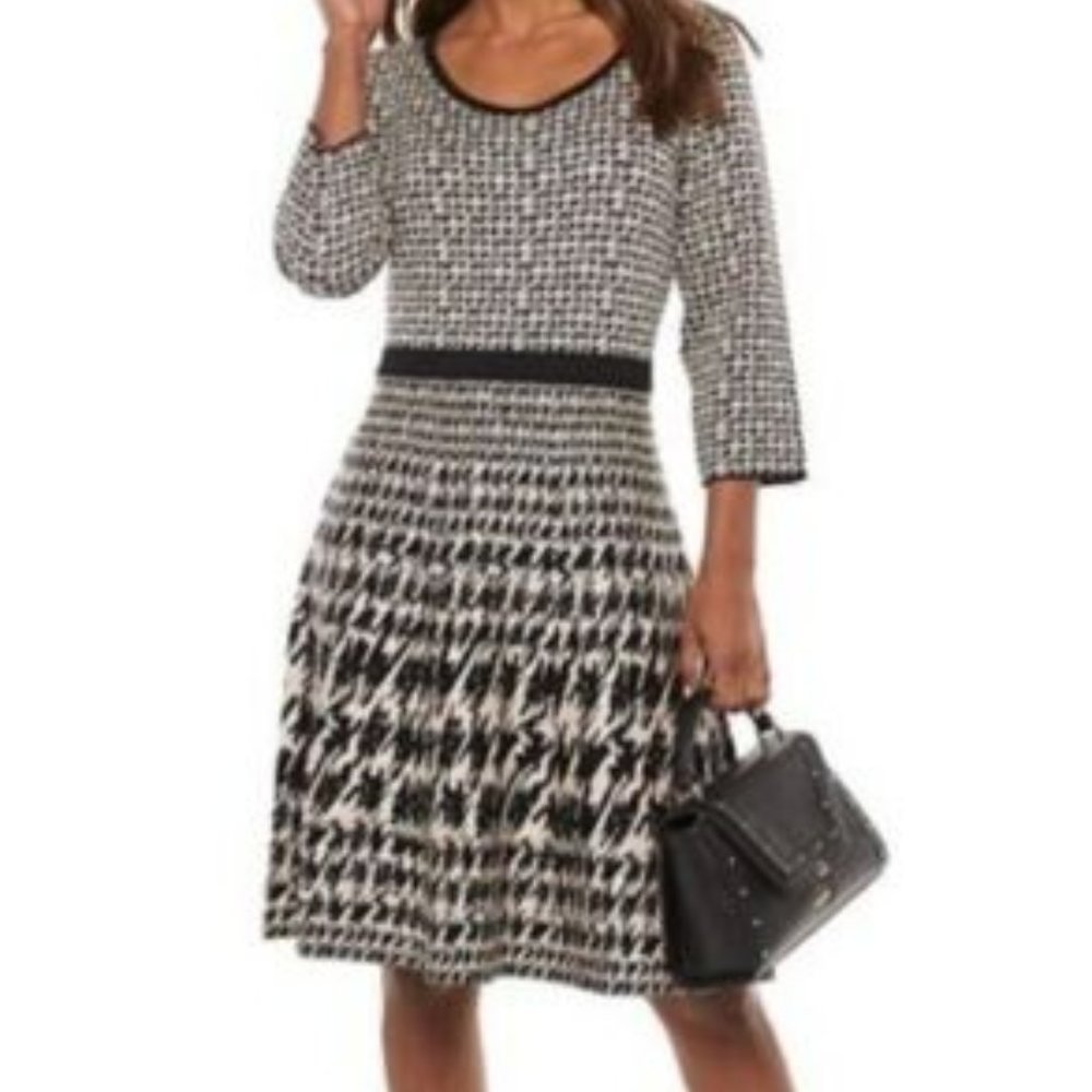 NWT from NEIMAN MARCUS - Nina Leonard Houndstooth Fit & Flare Sweater Dress